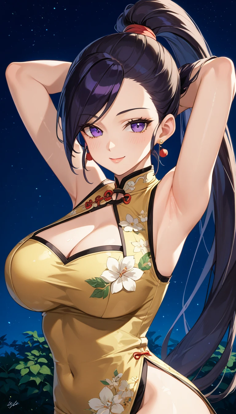 solo,1girl,masterpiece, best quality, absurdres,official art, martina, long hair, ponytail, purple eyes, black hair,large breasts,mature woman,sexy woman,curvy,leggy,
pale purple china dress,gold decoration dress,sleeveless, night,cleavage, cleavage cutout,open stance,(contrapposto:1.2),arms up behind head,show off armpit,(shoot from side),Noise Reduction,perfect anatomy,high resolution, ultra-detailed, ultra-detailed face,beautiful detailed eyes,looking at viewer,feet out of frame