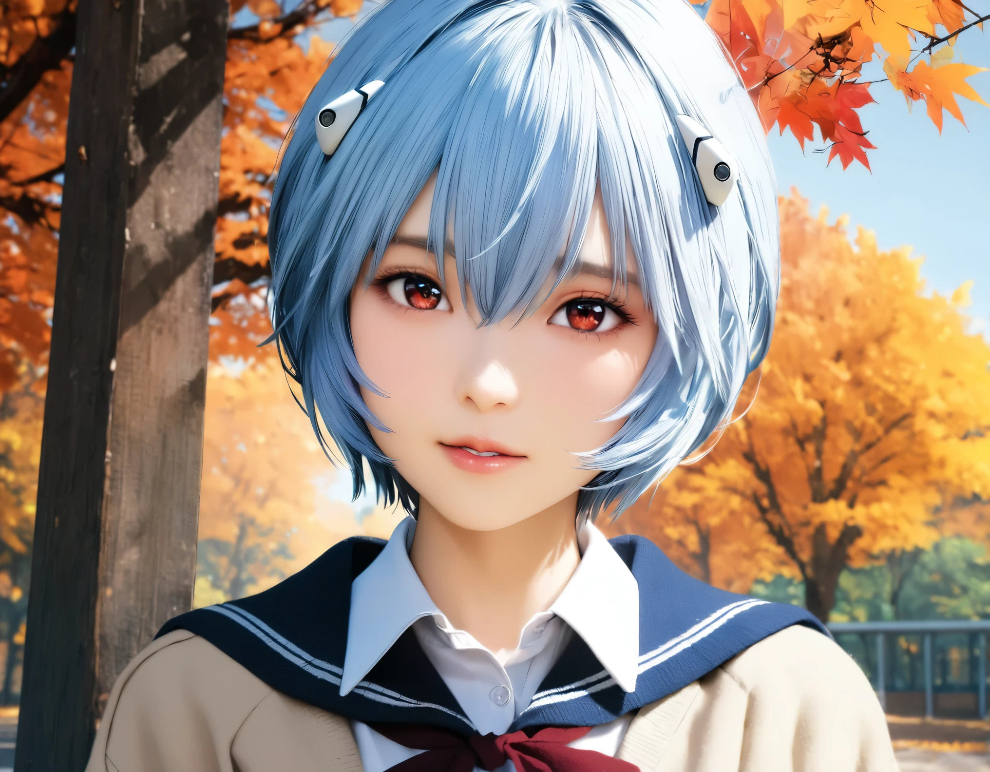 (best quality, 8k, high resolution:1.2), 1girl, ayanami_rei, attending school, autumn, upper body