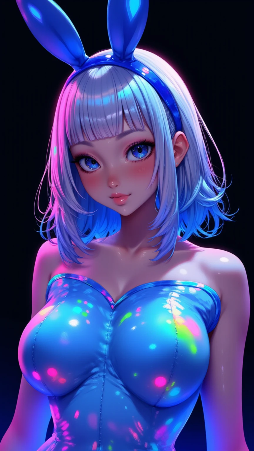 One girl, Medium Hair, silver hair, blue long dress, blue Bunny ears , She has large expressive blue eyes,Backlight, Black Light, Beautiful fine details, Beautiful lip detail, Beautifully detailed face, Long eyelashes, Glowing Skin, Mysterious, Mysterious, Surreal, Dramatic lighting, neon, UV rays, psychedelic, Vibrant colors, High resolution, Cinematic, Atmospheric, Harajuku Fashion Akihabara, Transparent color PVC clothing, Transparent Color Vinyl Clothing, Prismatic, Holographic, chromatic aberration, Colorful gradient, big breasts, cleavage, solid black background,
