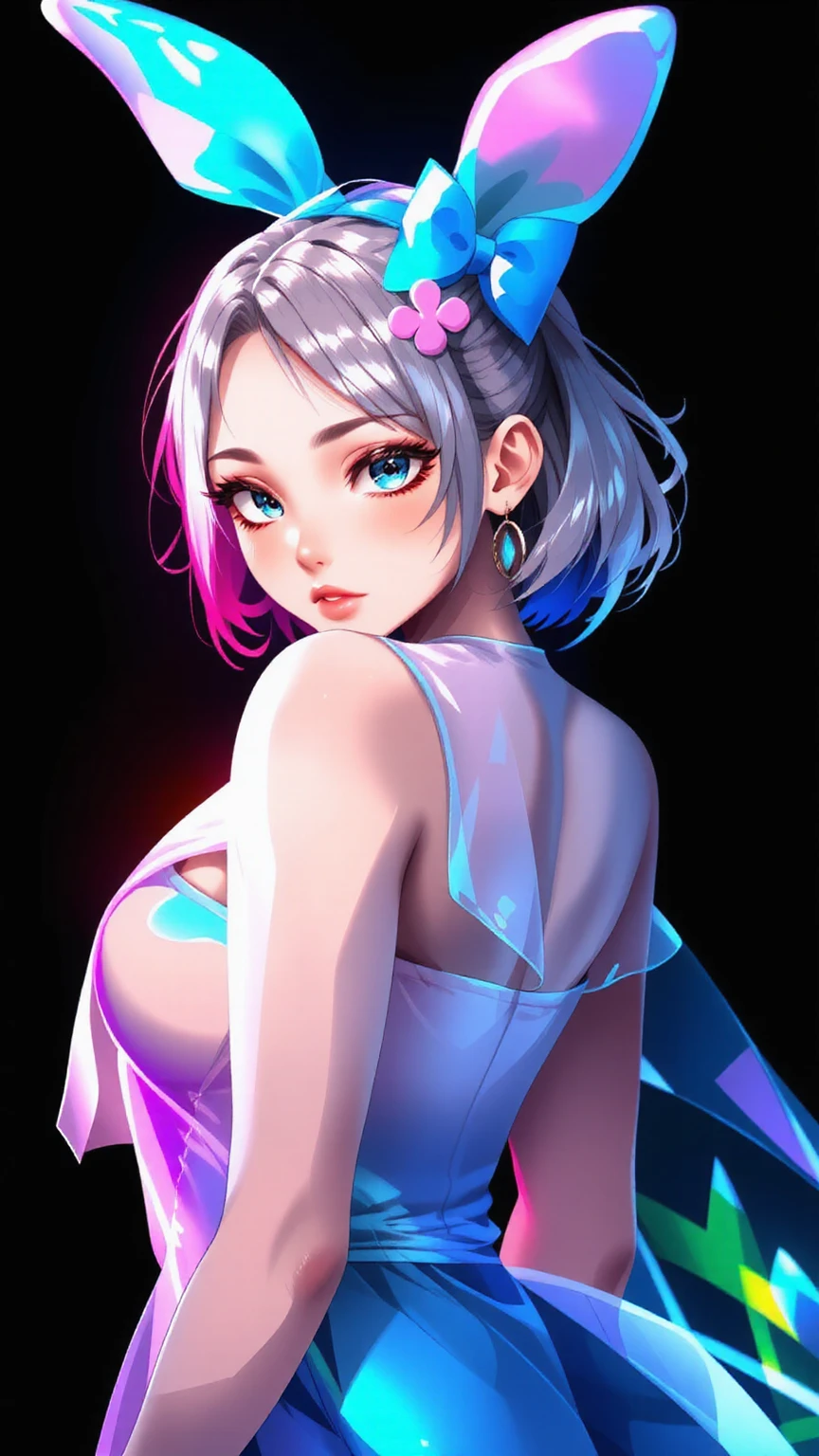 One girl, Medium Hair, silver hair, blue long dress, blue Bunny ears , She has large expressive blue eyes,Backlight, Black Light, Beautiful fine details, Beautiful lip detail, Beautifully detailed face, Long eyelashes, Glowing Skin, Mysterious, Mysterious, Surreal, Dramatic lighting, neon, UV rays, psychedelic, Vibrant colors, High resolution, Cinematic, Atmospheric, Harajuku Fashion Akihabara, Transparent color PVC clothing, Transparent Color Vinyl Clothing, Prismatic, Holographic, chromatic aberration, Colorful gradient, big breasts, cleavage, solid black background,
