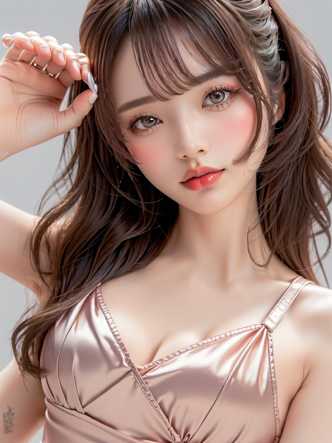 Beautiful breasts,(Neat,    elegant:1.4),,(adult,1.4),(Clear Eyes:1.4),(    very cute:1.2),(Small breasts:1.2),   ((( eyeshadow、Red lipstick ))),A kind smile,   wide shot,(Highly detailed debtace and skin texture:1.4),(Alone:1.3),    best quality   ,masterpiece,   Ultra-fine ,(Realistic:1.3),(8K Ultra HD,RAW Photos:1.2),35mm Lens, debt/1,(Detailed eyes:1.2), double eyelid,(      white background  : 1.3) ,(Standing pose,debtull body:1.4、knit、   medium distance photo shoot   、(((Put your right hand on your chest 1.85)))、(((young、、girl)))、 ((( loose wavy hair 1.5 ))) 、(((Clear 1  .5、 ピュア1.5、 ピュア1.5、ピュア1.5)))、Satin dress、