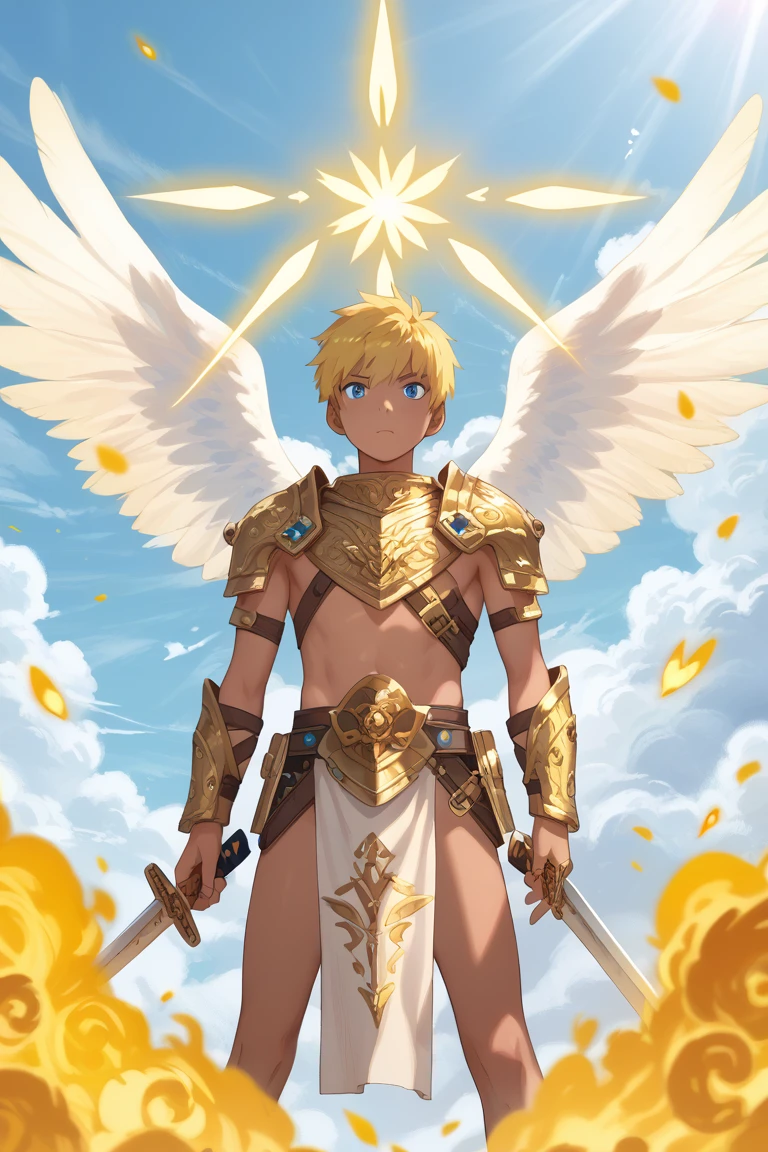   girl,armor, slit, bare breasts, ((flat chest)),slender, In to stage,long hair,(loli),danceing,white hair,angel wings,(((golden helmet))),(((cover one's eyes))),city street
