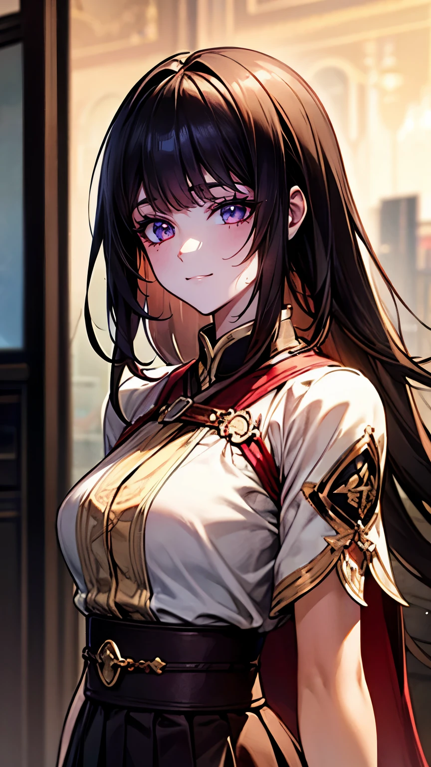 Medium size display,  Medium Shot ,  depth of field,  Bust,  upper body,  cinematic angle, masterpiece,  best quality , Super detailed, CG,  smile, bangs, skirt,