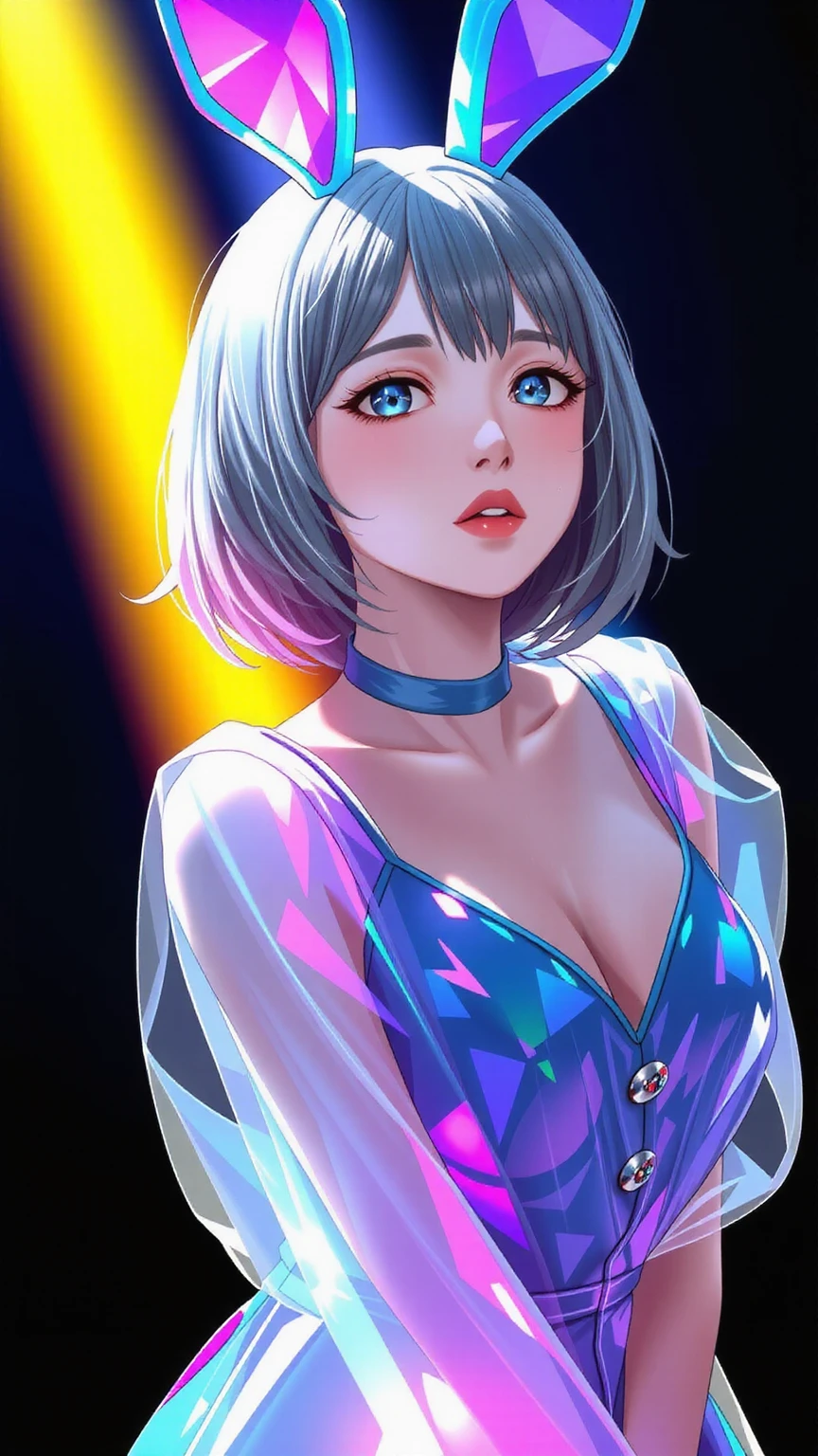 One girl, Medium Hair, silver hair, blue long dress, blue Bunny ears , She has large expressive blue eyes,Backlight, Black Light, Beautiful fine details, Beautiful lip detail, Beautifully detailed face, Long eyelashes, Glowing Skin, Mysterious, Mysterious, Surreal, Dramatic lighting, neon, UV rays, psychedelic, Vibrant colors, High resolution, Cinematic, Atmospheric, Harajuku Fashion Akihabara, Transparent color PVC clothing, Transparent Color Vinyl Clothing, Prismatic, Holographic, chromatic aberration, Colorful gradient, big breasts, cleavage, solid black background,
