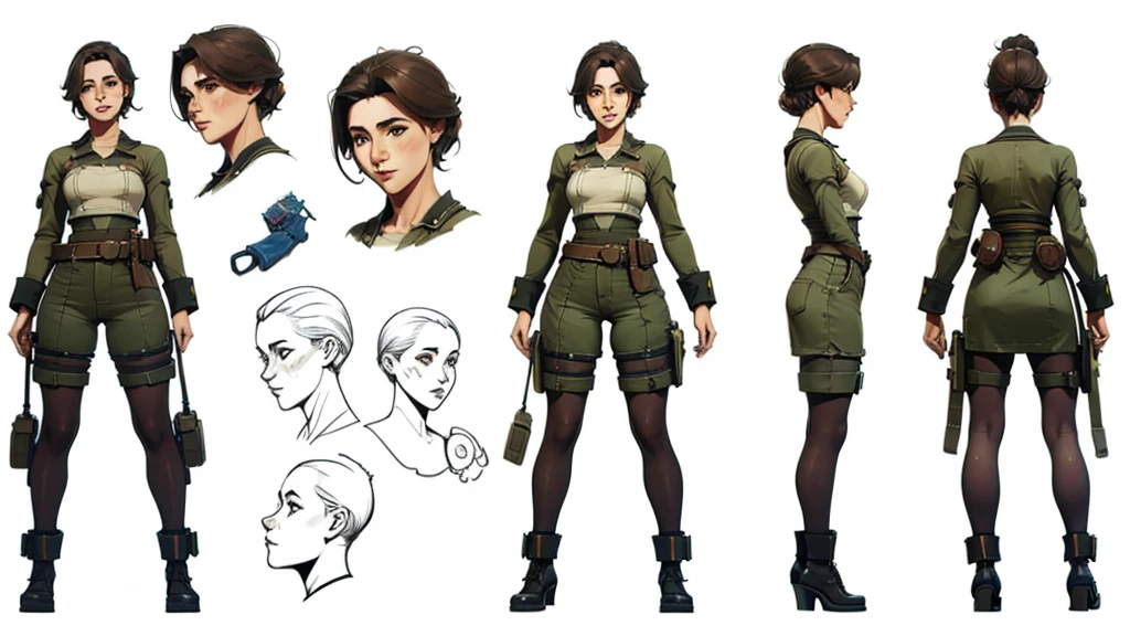 ((character design sheet, same character, front view)), (full body), Sci-fi, industrial cassette futurism, Decopunk, (masterpiece), (Best quality), (perfect face), illustration, 1girl, mechanics outfit, tool belts, mature age, (thick thighs), detailed hair, pretty face, happy, plain background