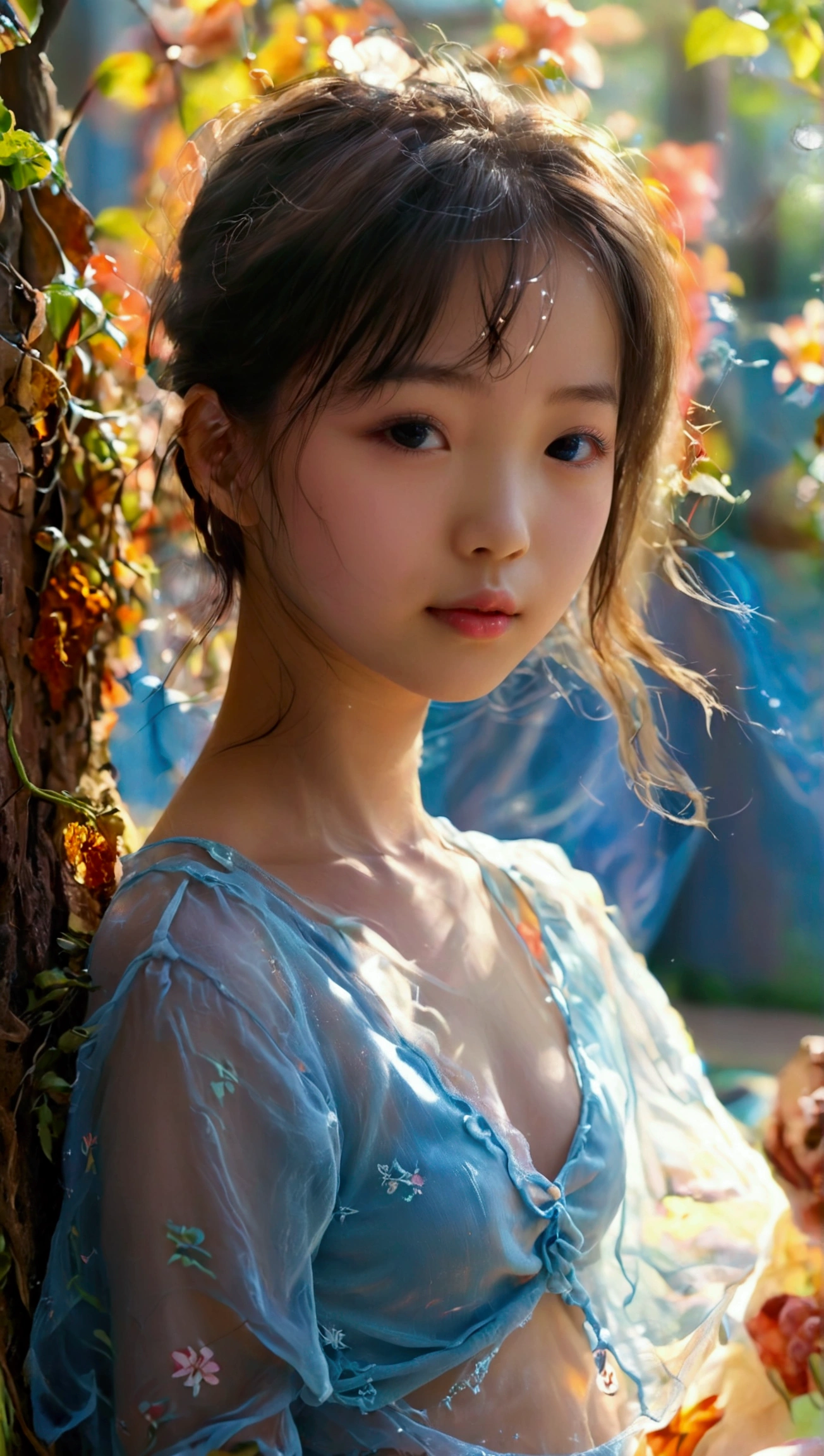 Prettiest asian girl, the cutest girl, sweet girl on the schoolyard, age 7 with small-budding breast, wear light-blue sheer fabric shirt that show off her beautiful body, sheer fabric, translucent clothes, relaxing, pale skin, juveniles physique, charming adolescents girl,  full-body, from the front, showing her belly