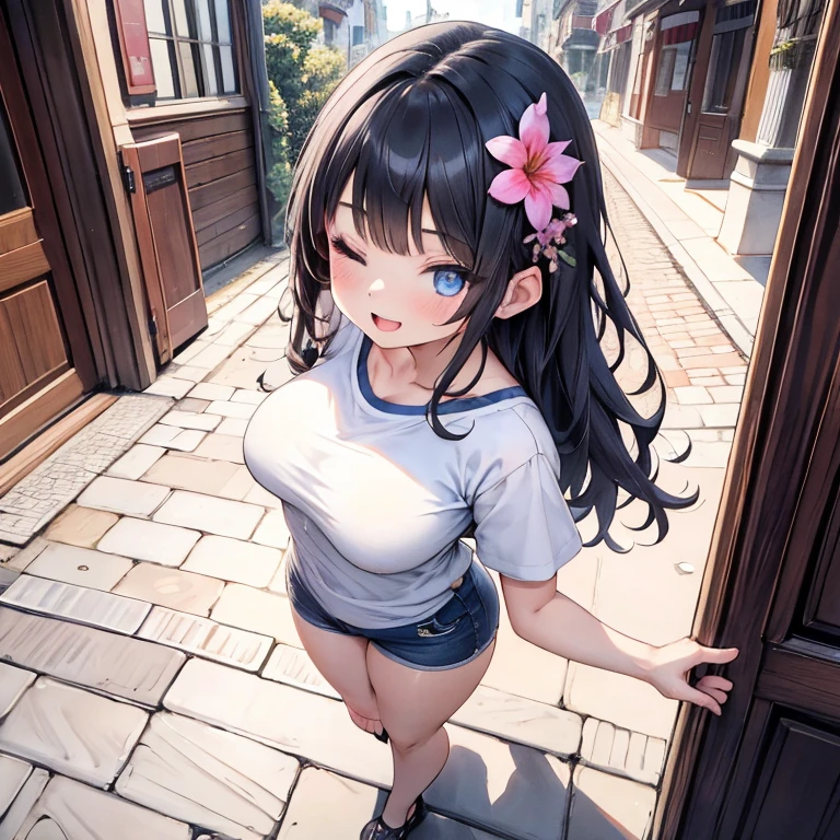 (8K、Highest quality、highest quality、masterpiece)、Detailed face、One girl、 Black Hair、short hair、twintails、blunt bangs、Grey Eyes、evil smile、((Grin))、Small breasts、((White camisole))、((Denim mini skirt))、Cowboy Shot、((bent over))、Back Alley Background、Very large breasts、Nipples are visible、No panties、Lift up the skirt