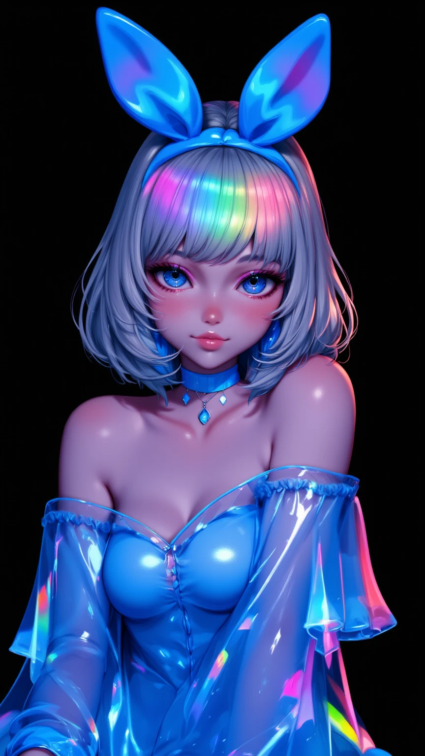 One girl, Medium Hair, silver hair, blue long dress, blue Bunny ears , She has large expressive blue eyes,Backlight, Black Light, Beautiful fine details, Beautiful lip detail, Beautifully detailed face, Long eyelashes, Glowing Skin, Mysterious, Mysterious, Surreal, Dramatic lighting, neon, UV rays, psychedelic, Vibrant colors, High resolution, Cinematic, Atmospheric, Harajuku Fashion Akihabara, Transparent color PVC clothing, Transparent Color Vinyl Clothing, Prismatic, Holographic, chromatic aberration, Colorful gradient, big breasts, cleavage, solid black background,
