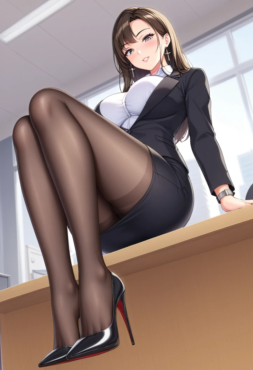 ((Best Quality)), ((masterpiece)), (be familiar with)  perfect face　 mature beautiful woman 、 sitting on a chair, ,whole body,Crossing your legs,  WATCH VIEWERS 、Looking down、Manga style illustration、Office Style、 my business suit 、Black jacket、White open shirt、Black knee-length pencil skirt、Black Pantyhose、black high heel pumps、Looking Down、 clean the soles of her high heels and cross her legs to stick her high heels out to the viewer、Point her shoes at the viewer ,  high heel close-up 、 look up at this woman from below 、Feet in high heels
