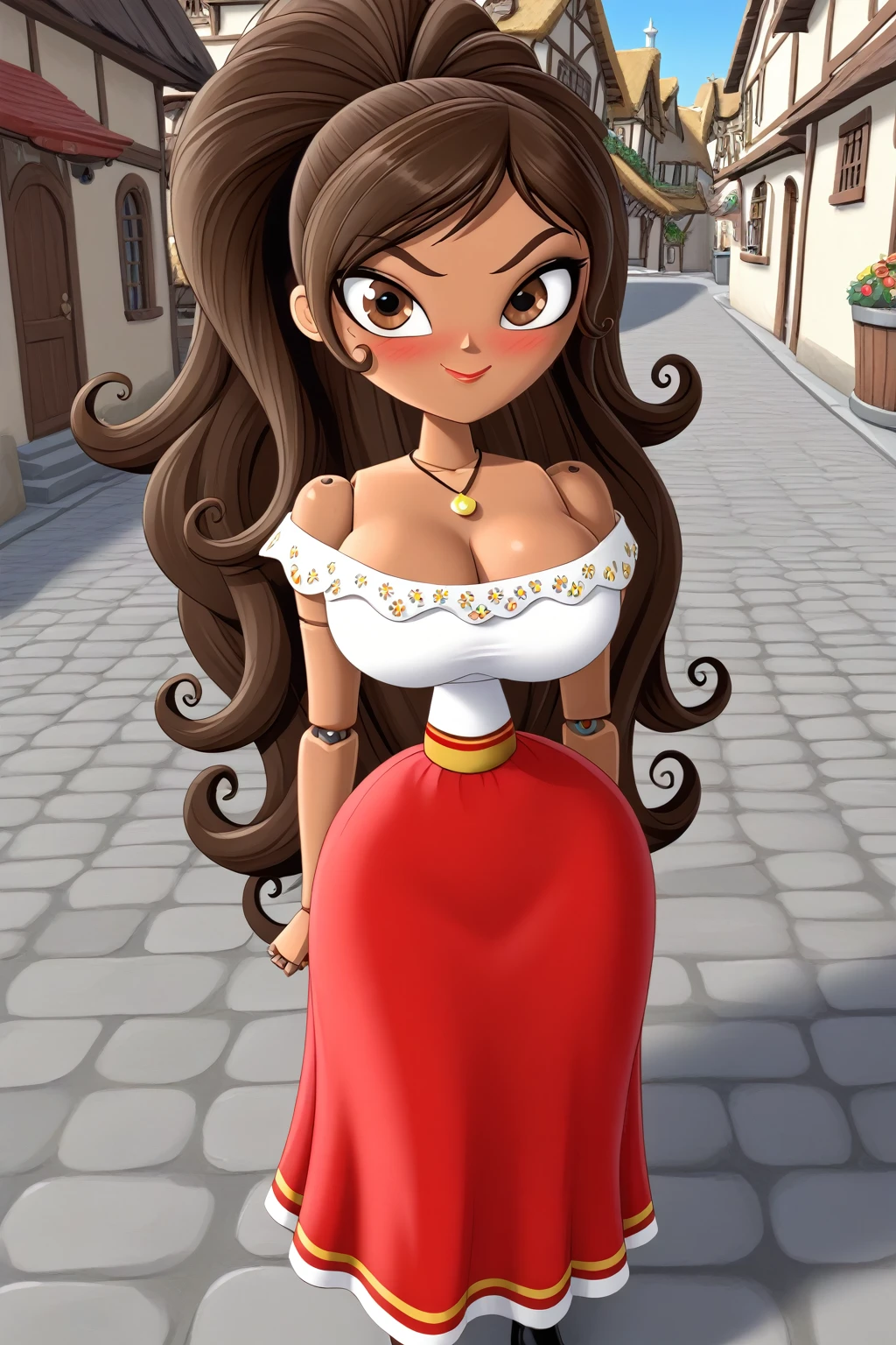 1girl, long hair, ponytail, joints, dark skin, Brown Hair, village, day, embarrassed face, smile, super blushing, Big breasts, dark skin, solo, 1 girl, looking at viwer, front view, standing, wood skin, necklace, cleavage, bare shoulders, off shoulder, white blouse, red skirt, Long skirt, black boots heels, Brown skin, pov front view, front view, sexy body, front view, pov front view