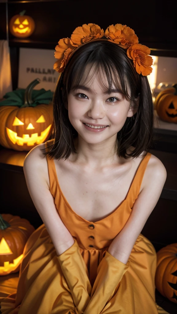 (Highest quality、Masterpiece、Best Quality、 Kampala)、One Woman、Alone、grin、flat chest、small breast、Pumpkin-shaped headgear 、Pumpkinhead、 jack-o-lantern headgear、Halloween、Halloweenの雰囲気、Halloweenの飾り、Halloweenパーティー、she is at the party