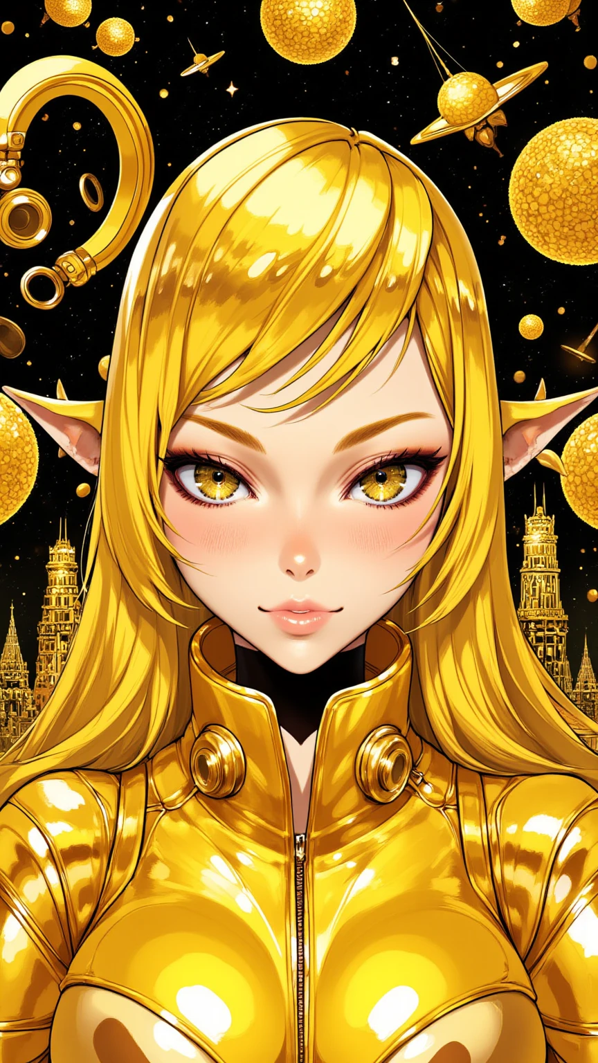 ((best quality)), ((masterpiece)), (detailed), perfect face of cyberpunk mecha japanese girl, big expressive shiny gold eyes, shiny gold body, shiny gold hair, ((monochromatic metallic gold color palette)), surreal, art nouveau, in the illustrative style of moebius, spaceships, aliens, fantasy, sci-fi, graphic novel, line drawing, french retro, bizarre, gallery worthy, work of uncanny art, big breasts, cleavage, 
