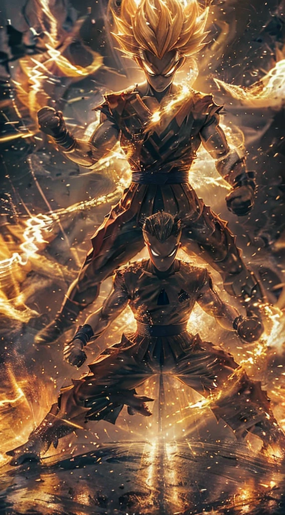 Create an image of a superhero in a crouching position, ready to attack, with one hand touching the ground and the other extended. The superhero should wear a Spider-Man suit with red, blue, and metallic gold accents. The background shows a chaotic battlefield with swirling dust and debris, and lightning striking in the distance, young Korean boy 19 years old,Comma Haircut