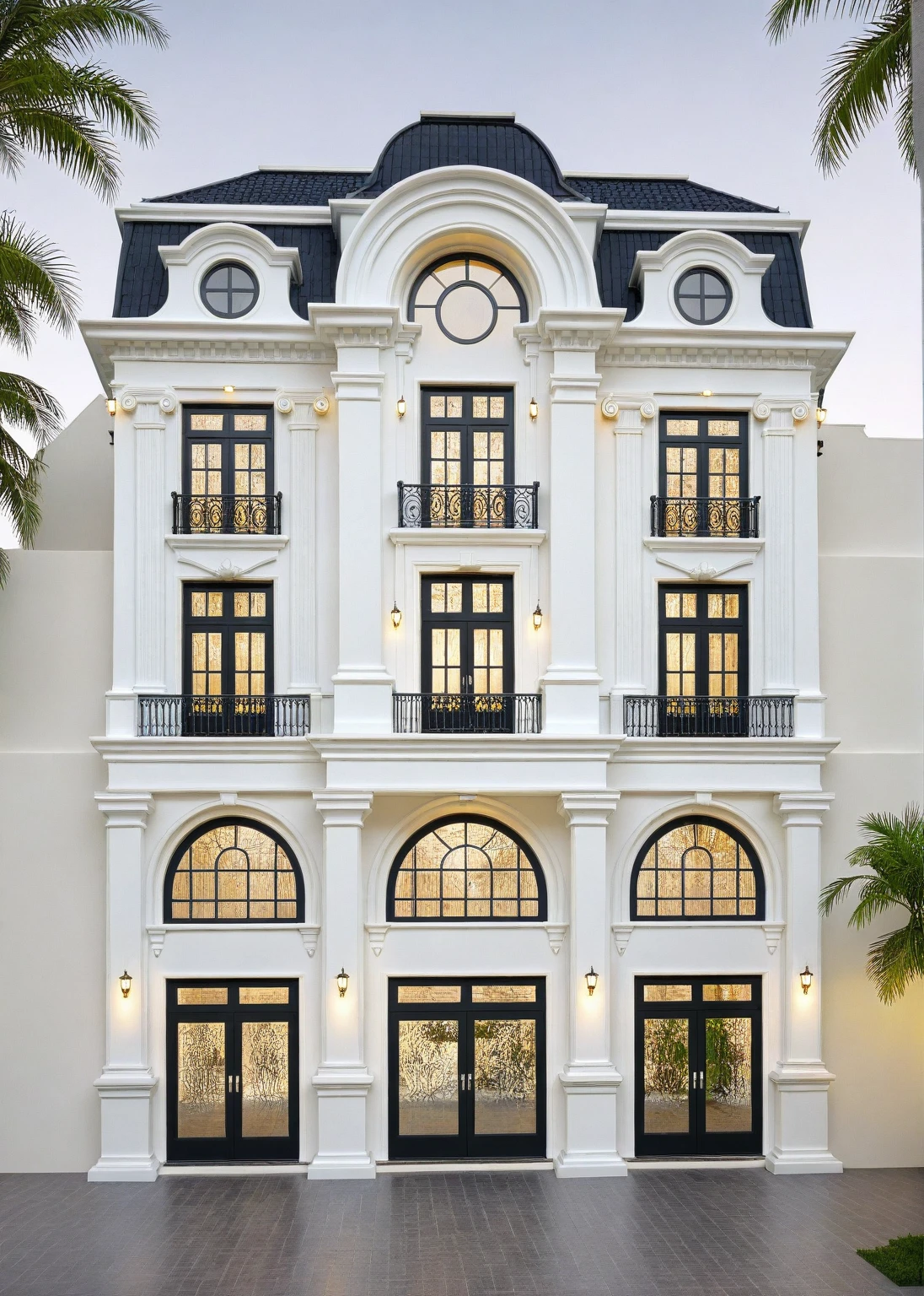 neo classical villa on street, (daylight), tropical tree, vivid colour, streetcapes, white tone, black detail, white wall, large glass door, warm interior lighting, best quality, masterpiece, ultra realistic