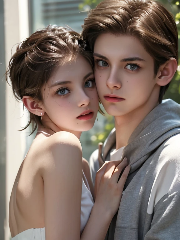 A highly detailed portrait of 2 hendsome boys, slender young boys, европейские in casual,  Sports outfits , with sleek , glowing skin, fine facial features,  and expressive eyes .  The scene is bathed in natural ,   soft lighting  , capturing the young energy and charm of the subjects.  The focus is on boys' faces , Hands,  and slim figures , green and blue eyes depicted with exceptional biological accuracy.  The composition has a magazine , editorial quality,  emphasizing the attractiveness of the characters and the emerging romance.  Best quality ,4K,8 k, High definition,masterpiece, superdetailed , Realistic ,photo Realistic ,2 boys, Beautiful detailed eyes ,  beautifully detailed lips , extremely detailed eyes and face ,  long lashes  ,slim, smooth leather ,young, sporty casual outfit , natural light , Magazine style ,editorial, charming ,attractive,romantic,Biological Accuracy,fine facial features, Japanese high school students ,male focus, sexual arousal 