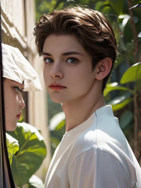 A highly detailed portrait of 2 hendsome boys, slender young boys, европейские in casual,  Sports outfits , with sleek , glowing skin, fine facial features,  and expressive eyes .  The scene is bathed in natural ,   soft lighting  , capturing the young energy and charm of the subjects.  The focus is on boys' faces , Hands,  and slim figures , green and blue eyes depicted with exceptional biological accuracy.  The composition has a magazine , editorial quality,  emphasizing the attractiveness of the characters and the emerging romance.  Best quality ,4K,8 k, High definition,masterpiece, superdetailed , Realistic ,photo Realistic ,2 boys, Beautiful detailed eyes ,  beautifully detailed lips , extremely detailed eyes and face ,  long lashes  ,slim, smooth leather ,young, sporty casual outfit , natural light , Magazine style ,editorial, charming ,attractive,romantic,Biological Accuracy,fine facial features, Japanese high school students ,male focus of sexual arousal