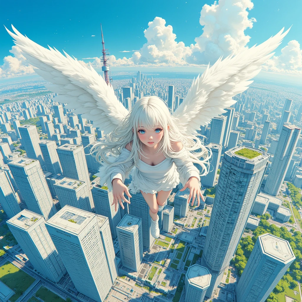 white long hair girl fly in sky of Tokyo 1000 years from now as seen from the sky,master piece,highest quality,ultra high resolution,(Super detailed:1.2),8K,photorealistic,best aesthetic,beautiful, cute girl, detailed nostalgy, intricate art work, she has wings from back, glance at me , she is sky in horizontal position