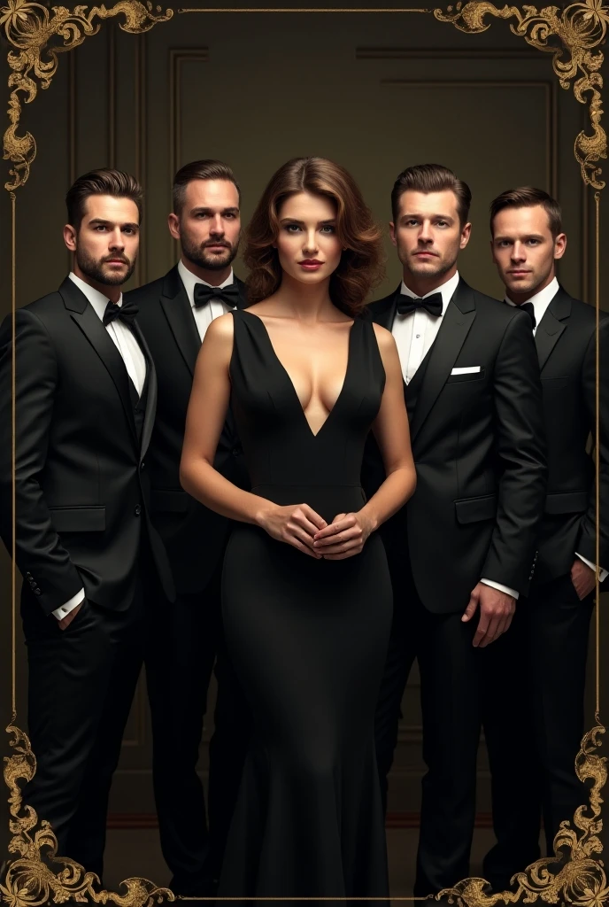 There is a girl, a courtesan, and 4-5 men standing near her.