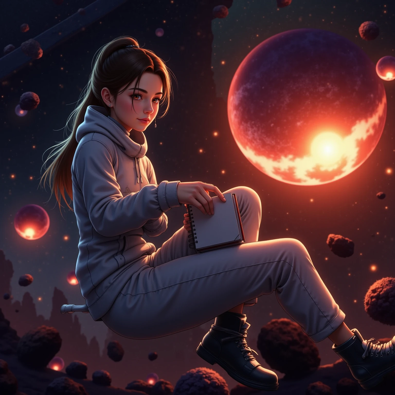 Draw a young programmer sweet teen girl, sitting on a research platform floating in the middle of an asteroid belt. She is studying with a notebook, surrounded by several asteroids glowing with fiery auras. Dramatic lighting from distant stars and planets illuminates the scene, casting deep shadows on the suit. The young teeny girl looks confident and determined, looking at the vast and mysterious universe with wonder and respect, facial hair, cowboy shot,