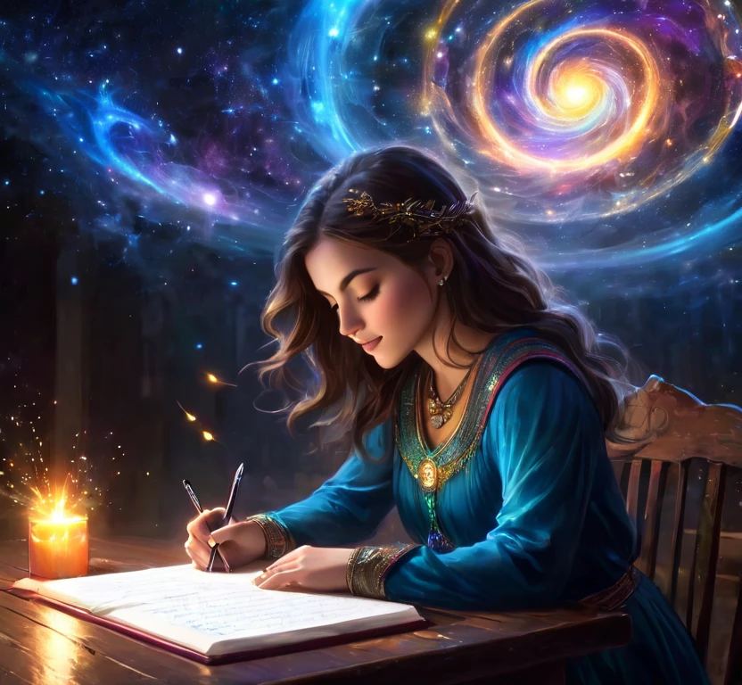 Girl at a table writing, channeling conscuousness, channeling her twin flame, bringing consciousness through psychic connection, beautiful glowing joyful expression of love, magical powers