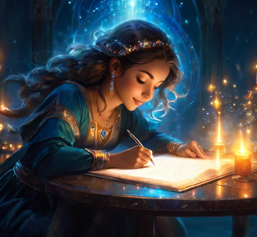 Girl at a table writing, (1pen), channeling conscuousness, channeling her twin flame, bringing consciousness through psychic connection, beautiful glowing joyful expression of love, magical powers