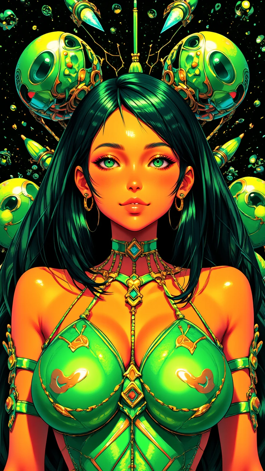 ((best quality)), ((masterpiece)), (detailed), perfect face of cyberpunk mecha japanese girl, neon green eyes, neon green metallic body, neon orange skin, neon green metallic hair, ((monochromatic neon green color and silver metallic palette)), surreal, art nouveau, in the illustrative style of moebius, spaceships, aliens, fantasy, sci-fi, graphic novel, line drawing, french retro, bizarre, gallery worthy, work of uncanny art, big breasts, cleavage, 
