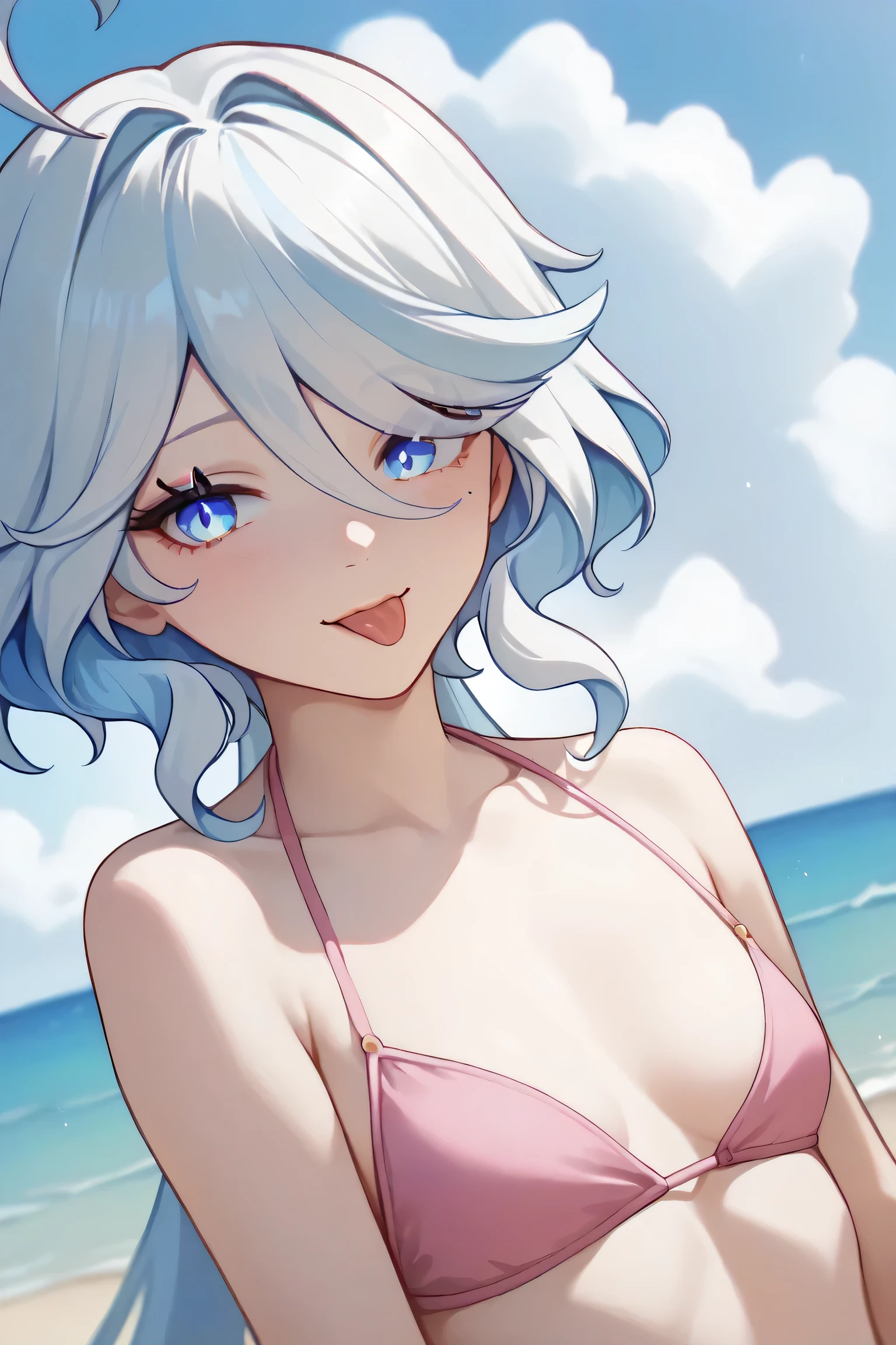 Best Quality, Masterpiece, ultra high resolution,
furina_\(genshin_impact\),tongue , tongue out , pink bikini, cleavage, bikini, close up, background beach, small breasts