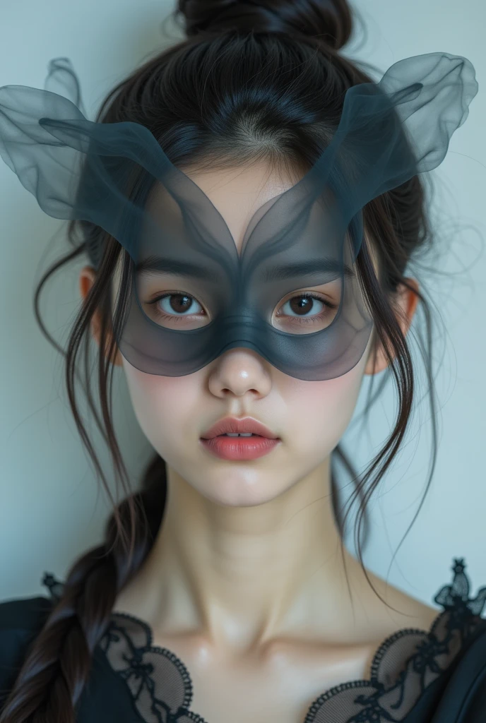 A frontal photo. smoke, Like a bunny's face ,  covers the eye area of a Chinese girl's face like a blindfold.  The white smoke in front of her forms a unique rabbit mask ,  like a sleepy eye mask on her eyes . smoke art has realistic textures,  blends perfectly with the rabbit's sleepy face ，bail_dark