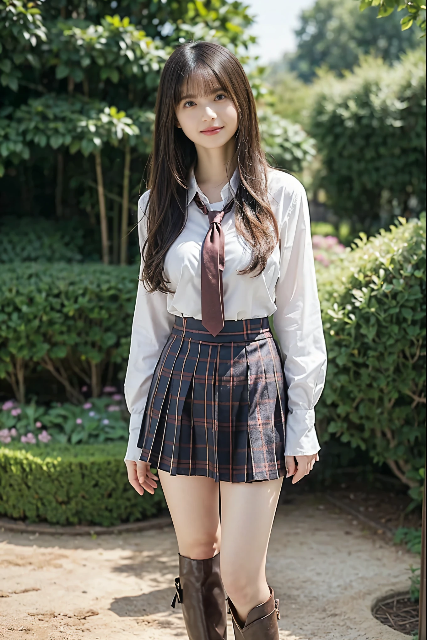 (8k、RAW Photos、Best Quality、masterpiece:1.2)、(Realistic、Realistic)、1 person、((Medium Hair、shirt、tie、Breast enlargement、Checked skirt、Thin legs、boots、View from the front、Looking into the camera、garden、Stand with hands on hips))、cute, The whole body is shown、smile、