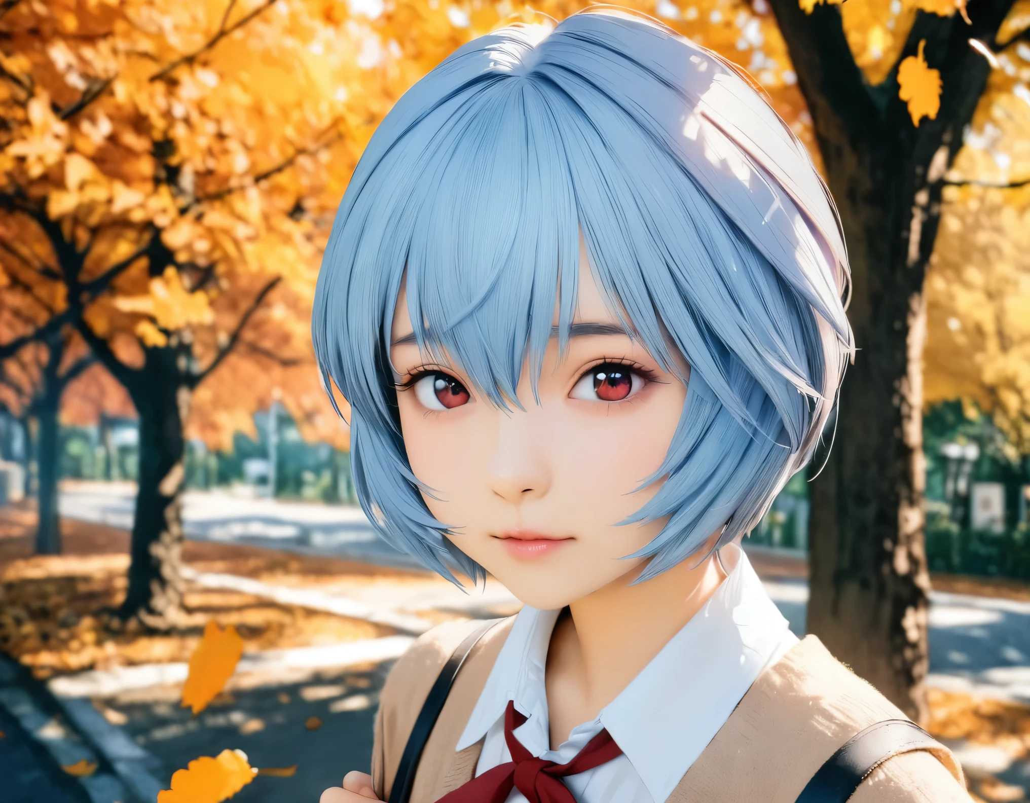 (best quality, 8k, high resolution:1.2), 1girl, ayanami_rei, attending school, autumn, upper body