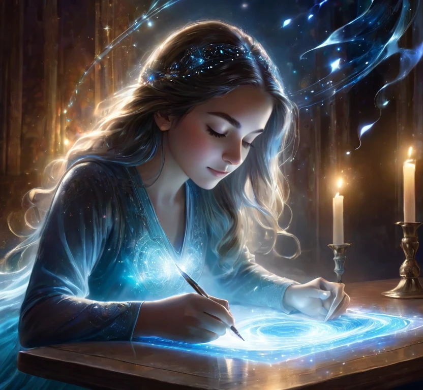 Girl at a table writing, (1pen), channeling consciousness, channeling her love, her twin flame, see his ghostly image above in her imagination, meditation, bringing consciousness through psychic connection, beautiful glowing joyful expression of love, magical powers