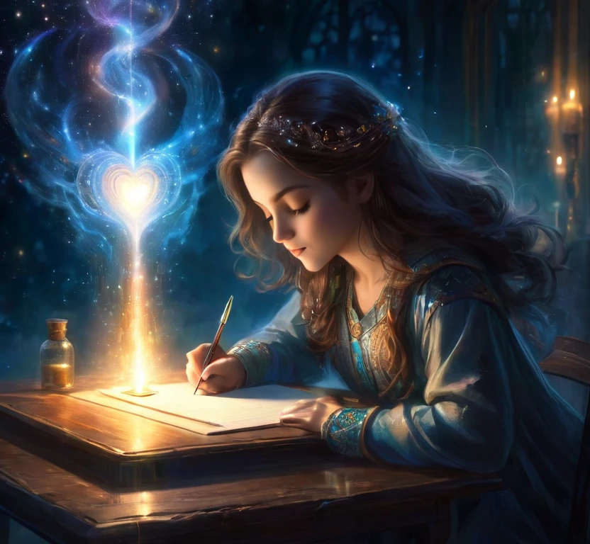 Girl at a table writing, (1pen), channeling consciousness, channeling her love, her twin flame, see his ghostly image above in her imagination, meditation, bringing consciousness through psychic connection, beautiful glowing joyful expression of love, magical powers