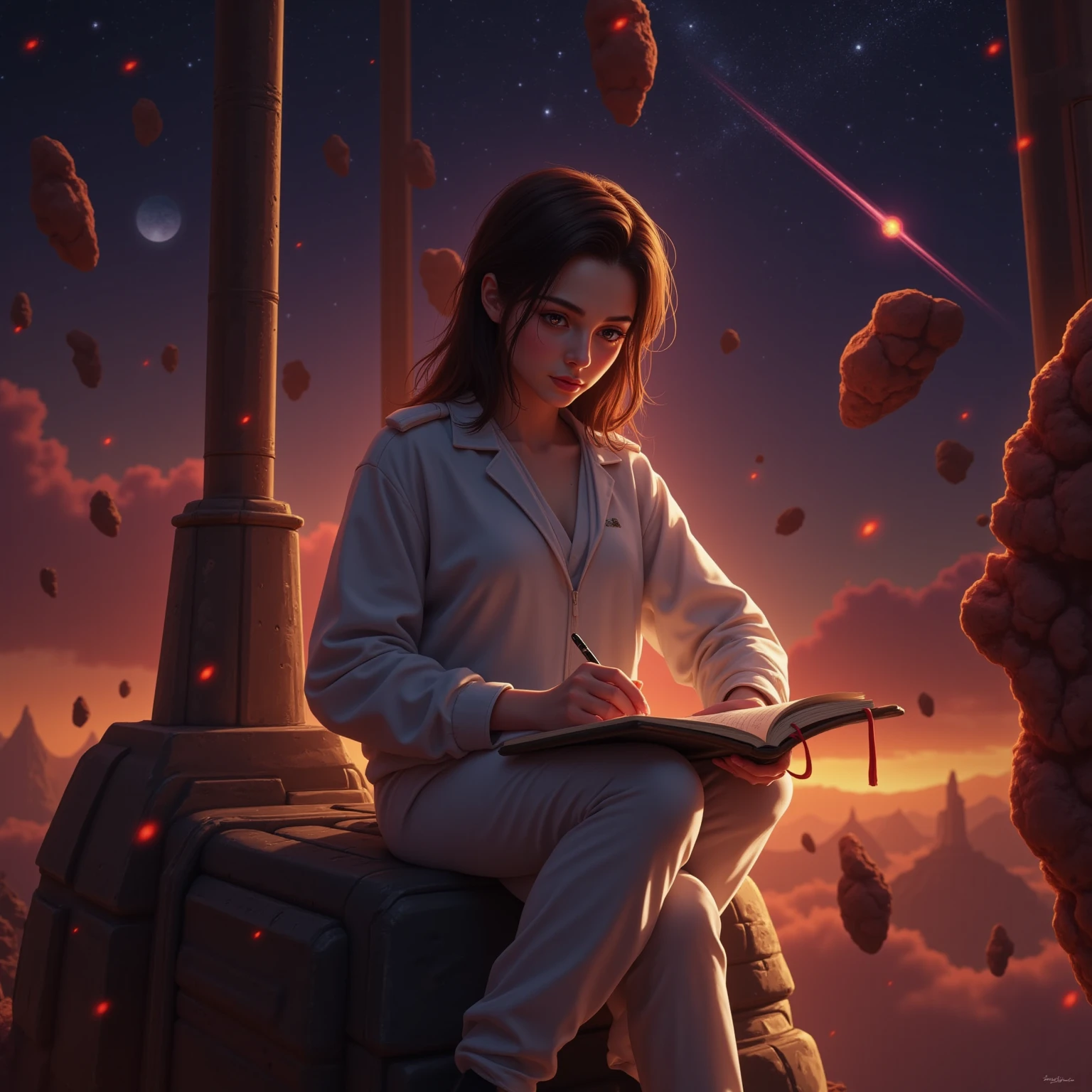 Draw a young programmer sweet teen girl, sitting on a research platform floating in the middle of an asteroid belt. She is studying with a notebook, surrounded by several asteroids glowing with fiery auras. Dramatic lighting from distant stars and planets illuminates the scene, casting deep shadows on the suit. The young teeny girl looks confident and determined, looking at the vast and mysterious universe with wonder and respect, facial hair, cowboy shot,