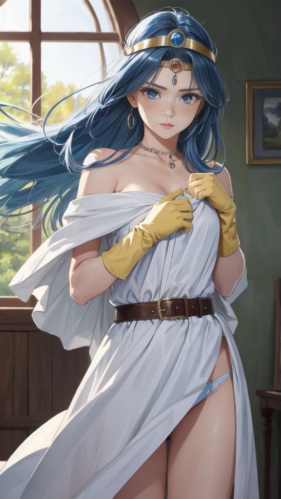 (8K, ultra-detailed, best quality, anatomically perfect body:1.5), (small breast:1.2), shiny skin, sage_(dq3), (have to pee:1.1), (urge to pee:1.2), (peeing self:0.8), (pp clothes:0.9), (very desperate to pee:1.3), (stone castle), (standing), (maxi white dress:1.4), (yellow gloves, yellow boots:1.1), (long hair, blue hair:1.1), red eyes, (belt, cape, cloak, circlet, bare shoulders), cleavage, (knees together and feet apart:1.4), (Rub each other's knees:1.2), (leaning forward:1.3), (hand between legs), (holding the crotch:1.5), (orgasm:1.4), (blush:1.2), (embarrassment:1.3), (impatience:1.2), (flustered:1.2), (fidgeting around:1.3), flowing sweat, (erotic waist twist:1.3), (panting), (breathless:1.2), Erotic feelings, (close eyes, closed mouth:0.95), (orgasm), looking away, (upskirt:1.4), nsfw, 