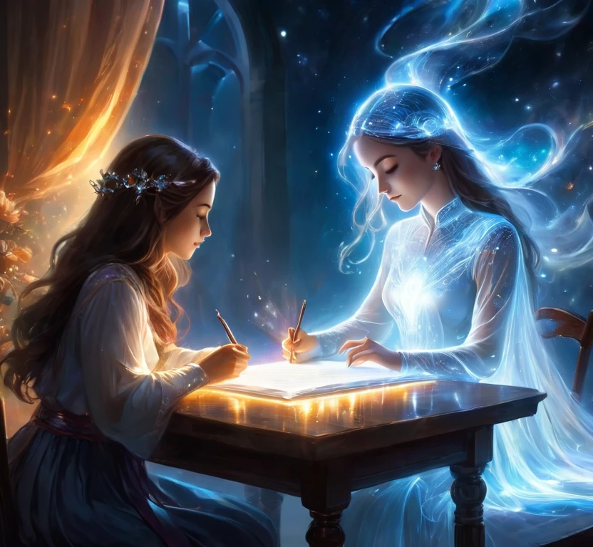 Girl at a table writing, (1pen), ((man in her visions)), channeling consciousness, channeling her lover, her twin flame, see his ghostly image above in her imagination, meditation, bringing consciousness through psychic connection, beautiful glowing joyful expression of love, magical powers