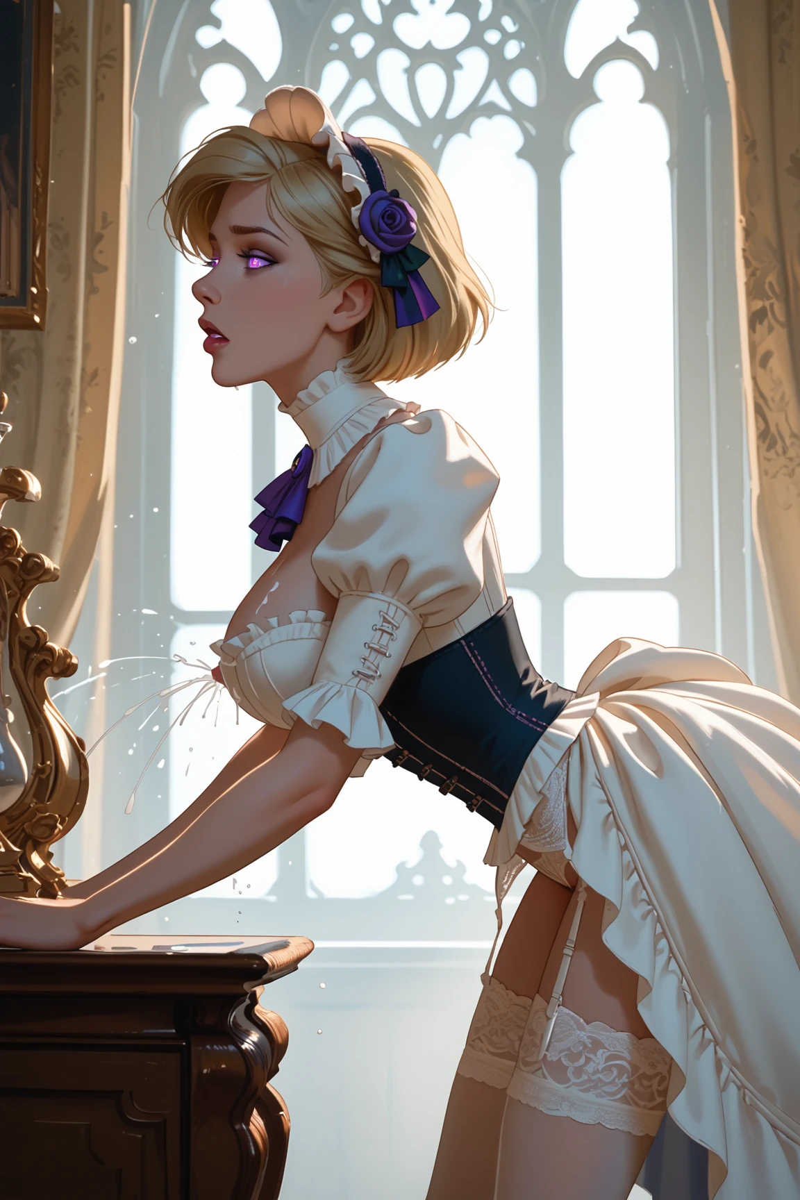 DisneyRenstyle,1 girl,wolf cut,short hair,blonde hair,purple eyes,glowing eyes,black sclera,big breasts,dark skin,indoor,victorian clothes,white corset,garter belt,thighhighs,standing,bent over,doggystyle,side view,1 male,facless male,cum over flow,lactation,horny,fleasure face,orgasm,