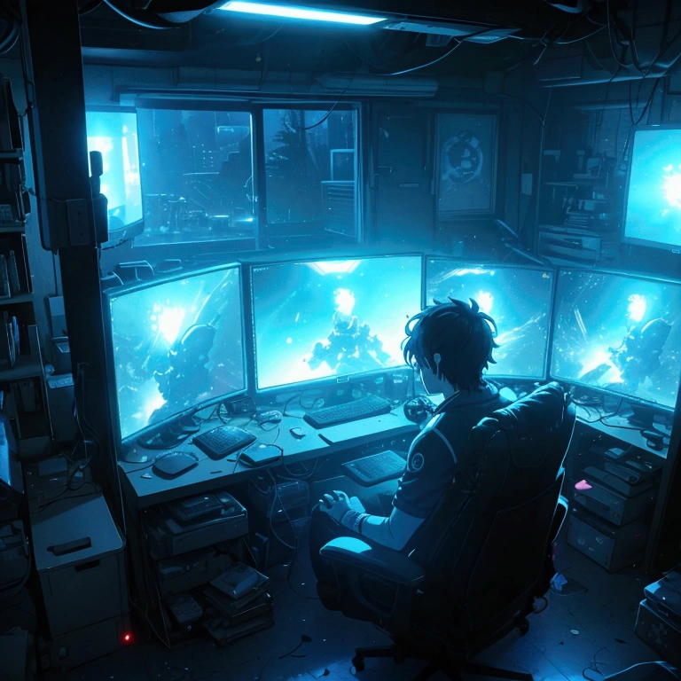 male player sitting in a gaming chair (1.6), illuminated by the glow of four computer screens in front of him (1.8), his face lit by the screens (1.7), messy room at night (1.3), clutter on bed, desk, and floor (1.4), bed visible (1.1), 90s architecture, no other light except the screens (1.6), classic anime style (1.1), wide-angle shot showing the gamer and his four monitors (1.7), focus on the player gaming and the glowing monitors (1.8), messy room with scattered items visible (1.5)