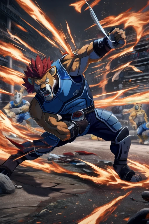 cartoon,best quality, masterpiece, detailed, lion-oQuiron character, 1boy, red hair, rampage, blue outfit, using sword, fight, action pose,