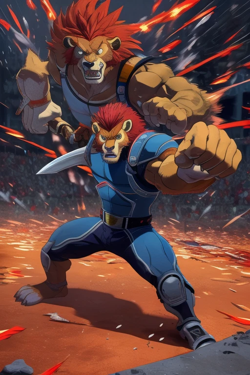 cartoon,best quality, masterpiece, detailed, lion-oQuiron character, 1boy, red hair, rampage, blue outfit, using sword, fight, action pose,