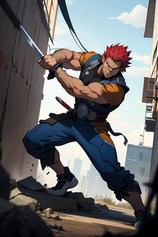 cartoon,best quality, masterpiece, detailed, lion-oQuiron character, 1boy, red hair, rampage, blue outfit, using sword, fight, action pose,