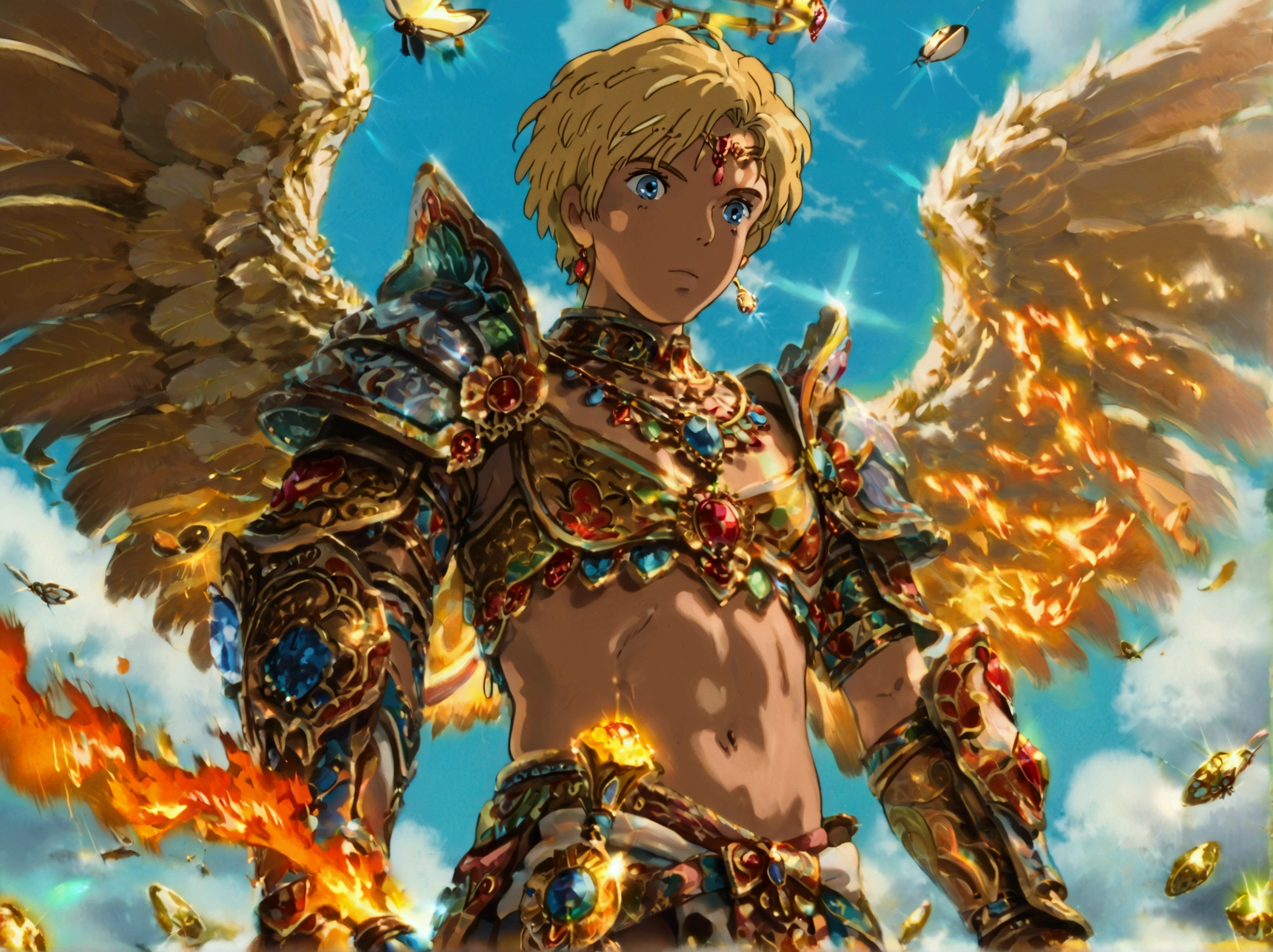 (Detailed),(masterpiece), whole body, young man, tan skin, tall, musculer , yellow hair , blue eyes, strong, whore, sexy, wearing gold armor arms, wearing sexy loincloth, wearing lot of gold jewelry, have big angel wings, surrounded by yellow fire aura, background shine sky, The halo is behind, hovering in the air, fly away, cloudy, sunlight, has a sword, holding a sword, glitter, Cinema Lighting
