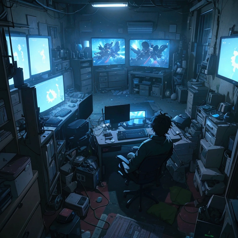 male player sitting in a gaming chair (1.6), illuminated by the glow of four computer screens in front of him (1.8), his face lit by the screens (1.7), messy room at night with clutter scattered on bed, desk, and floor (1.6), bed visible (1.3), 90s architecture, no other light except the screens (1.6), classic anime style (1.1), wide-angle shot showing the gamer and his four monitors (1.7), focus on the player gaming and the glowing monitors (1.8), messy room with clutter clearly visible across the entire room (1.7), including bed, desk, and floor (1.6)
