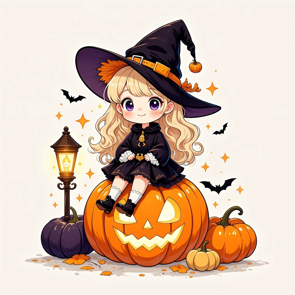 Cartoon illustration style, avatar design, Monet, Rococo, line illustration, hand-drawn illustration, Halloween, 1girl, cute little witch, sitting on a pumpkin lamp, Halloween decoration, fun, chibi style, adorable cute art style, warm, pure white background