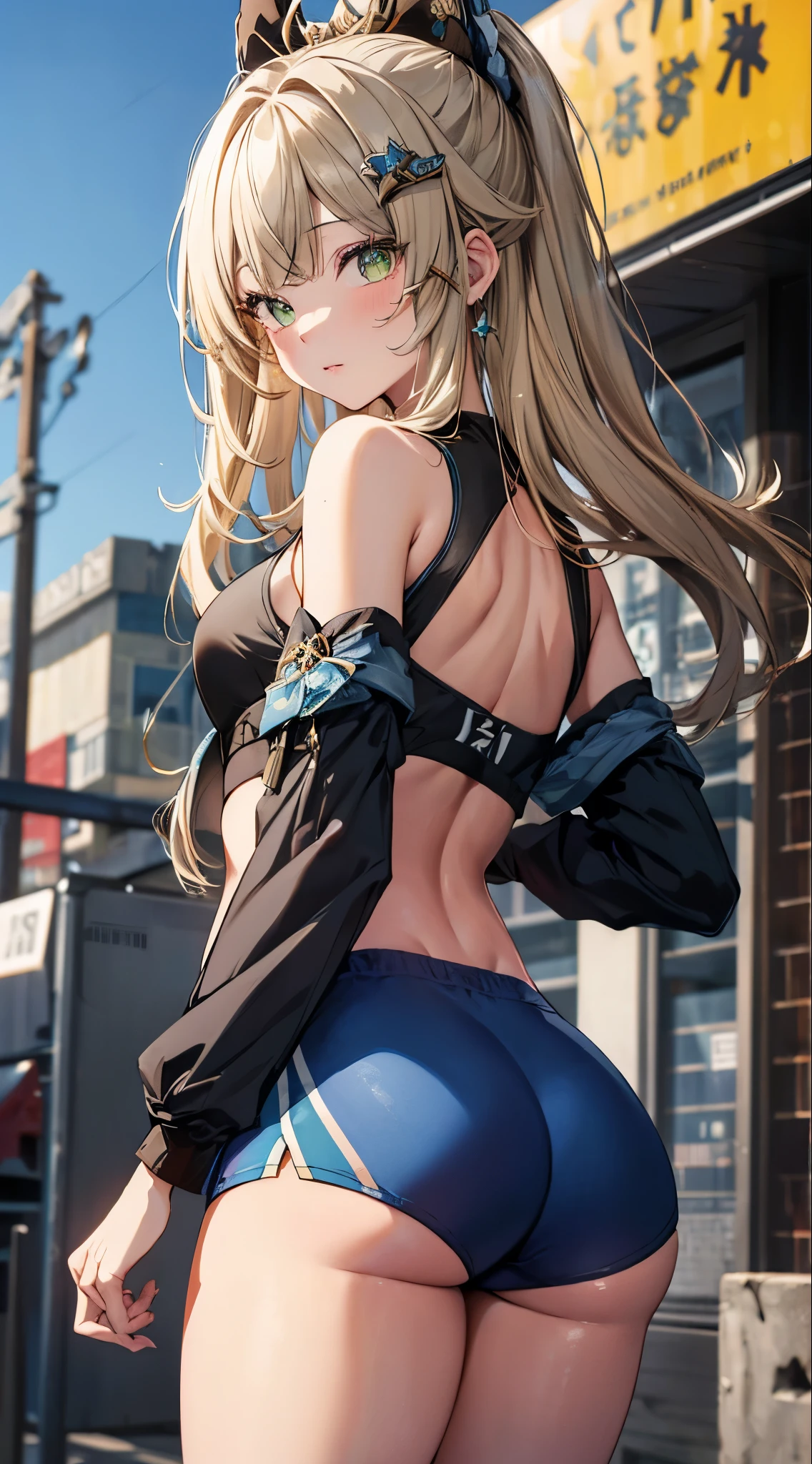 
kirara, genshin impact,1 girl, green eyes, blonde hair hair ornament, bare shoulders, black crop top,green jacket, Sportswear shorts, standing, outdoors, masterpiece, Noise Reduction, perfect anatomy, high resolution, ultra-detailed, ultra-detailed face ,beautiful detailed eyes, perfect body, visual art, sparkling pupils, looking back at viewer, (((big ass)))