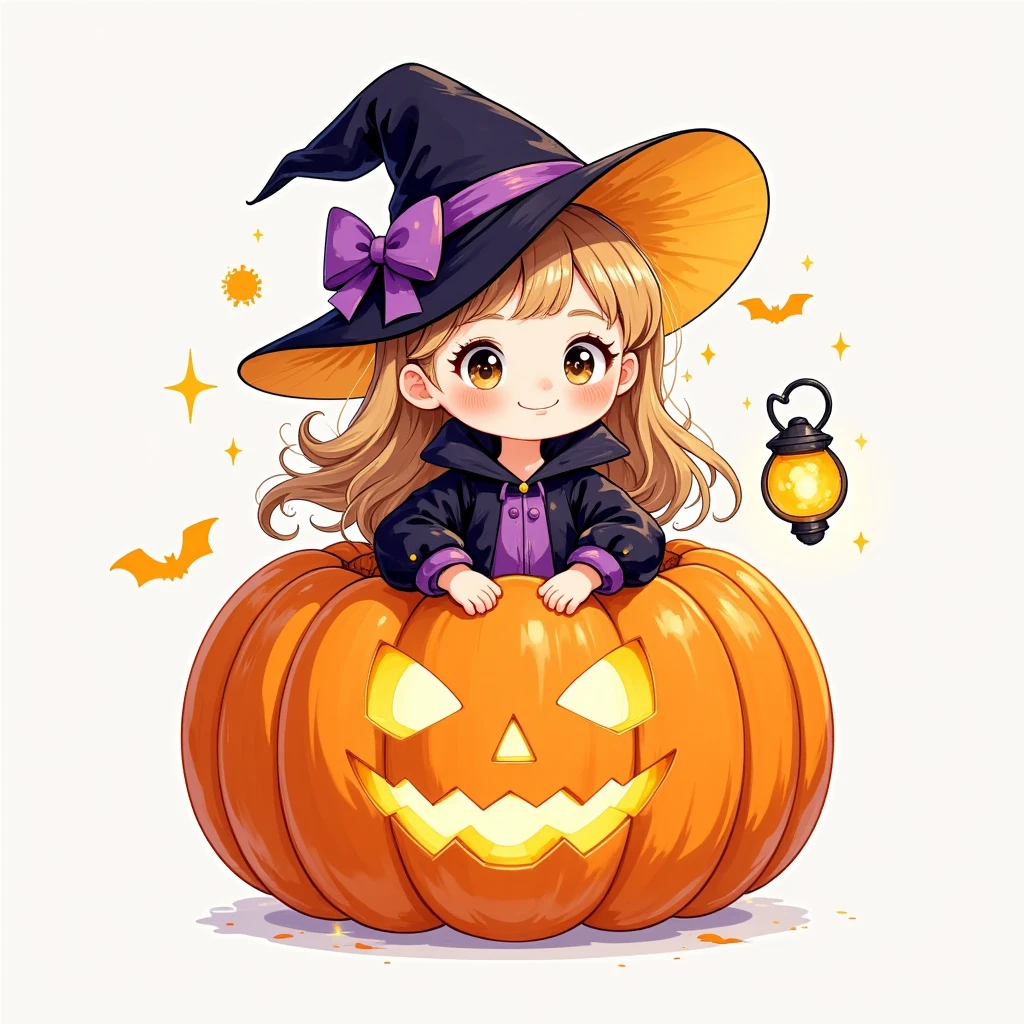 Halloween, cute little witch, sitting on a pumpkin lamp, Halloween decoration, fun, chibi style, adorable cute art style, warm, pure white background