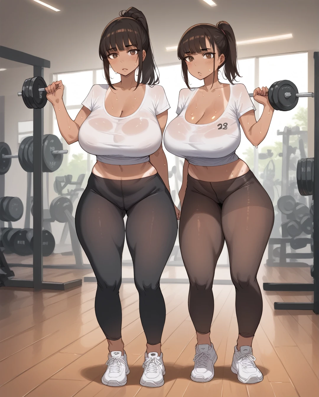 ((Best Quality))), (detailed), 8k, sexy , cute nose, huge breasts ,Visible curves, Wide hips, fit body, Realistic, belly, thighs, Standing, sweaty, steamy, seducing, thicc, Gym, woman, ponytail, straight bangs, Legs overlapping each other, tight leggings, sneakers, short t-shirt, cleavage, tanned, body oils, Working out