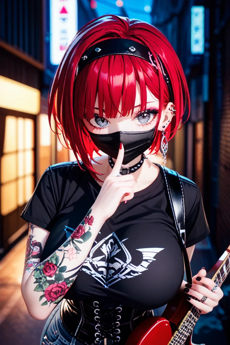 straight haired, Punk Girl, Without mohawk sleeves, The tattoo, head phone, 🎧, goth_punk, 1girl in, solo, medium shot, Walking in Harajuku, ((during night)), bokeh dof, Neon light, Iridescent eyes, gray eyes, red glowing hair, Black eyebrows, Radiant hair, (iridescent red hair), lots of earrings, labret, facial piercings, bangs, jewelry, masks, blunt bangs, Mouth mask, corset piercings, blurry background, blurry, hair adornments, Look at viewers, short hair, portraitures, side look, goth, (masterpiece), (Portrait), (Aesthetic), (Beautiful), (upper body), (High quality), (aesthetic clothings), (professional angle), (thirds rule), (Feminine), (Woman), (Female), (Beautiful), (Feminine features), (25-years old), Solo, 1 woman, (Charming punk girl), Dramatic light, ((Playing guitar)), (Standing), Edgy makeup, (huge breasts), (Front face), (Defiant expression), ((defiance)), (Leather jackets and tattoos), ((Short hair)), (dyed (E.G. and pinks) hair), (spiky hair), (Thick hair), matte Shine Hair, (Hair bands scattered in the hair), (gray eyes), (Bold and bold look), (pale skin), (Dark clothes), (Band T-shirt), (Ripped jeans), (-), crew neckline), ((Urban alley background)), (up close shot), Beautiful hands, Two hands, normal hands, Two arms, complete hands, Beautiful body, Beautiful fingers, normal fingers, Five Fingers, Five Fingers, (Thumb index finger ring finger), Beautiful ears, normal ears, Beautiful eyes, shiny eyes, Beautiful mouth, Beautiful lips,