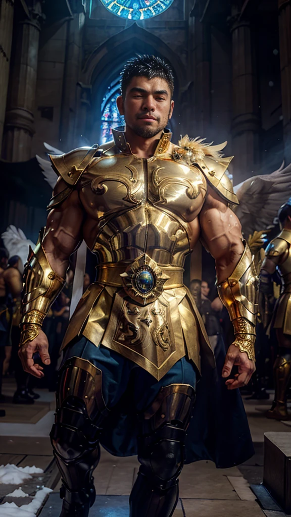 超 Kampala,  best quality , photograph, 4K, (photographrealistic:1.4),  muscular men ,  abs,  Volumetric Light in Medieval Gold Armor , Fine feathers,  Cyberpunk Environment , Snow and Background Environment , Cathedral of , Portal of the Future,   Volumetric Light ,  Kampala, magic, Divine Light,  backlit , Detailed face, Contrasting, Good Lookingな、　 Japanese、Very big body、  bodybuilder、Good Looking、Very tall、  manly face、 Angel's Big Wings