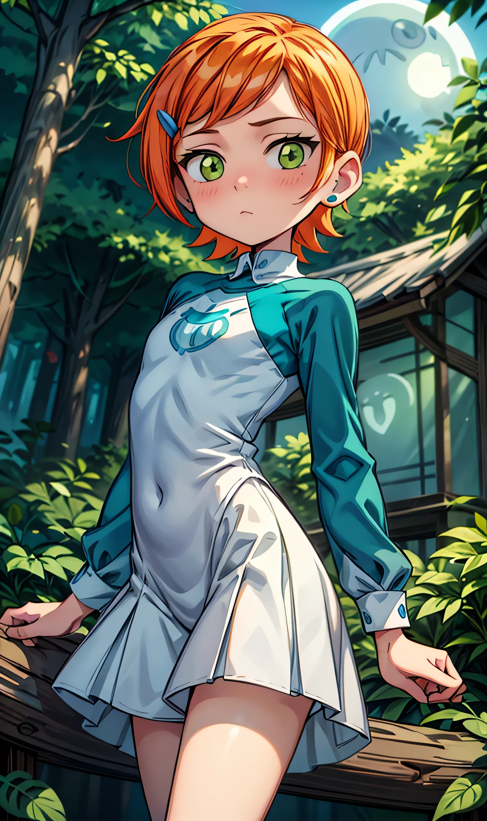 ( masterpiece ,  The best quality ), 1 girl, by orange,  short hair, green eyes, blue shirt, raglan sleeves, long sleeves, short blanco, in the forest, moon light outfit, (Gwen Tennyson embracing Ghostfreak), 