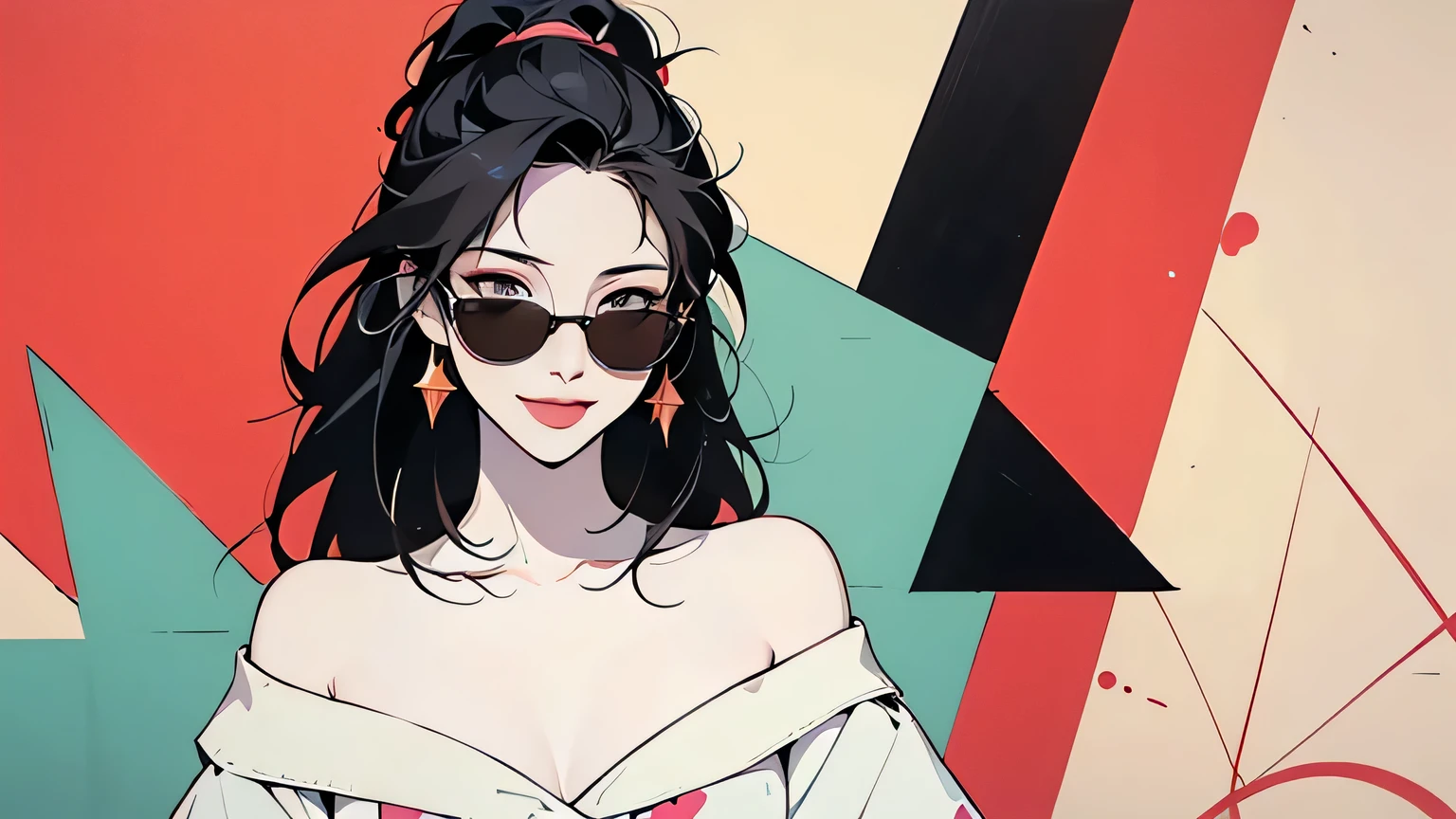 Flat illustration artwork, ((Angelababy)) Standing in front of a simple background in an off-the-shoulder dress, Close Range, Wear sunglasses, Korean pop star, big smile , Dark hair, Beautiful hands, edge, Simple red background, Palm Trees, (Graffiti Wall:1.2), (( created in Patrick Nagel's art style )), ((8K, wallpaper, detailed )), Strong, brave, Artist Patrick Nagle , Music Album Cover Art